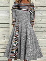Guatemalan Print Gray Boatneck Midi Dress