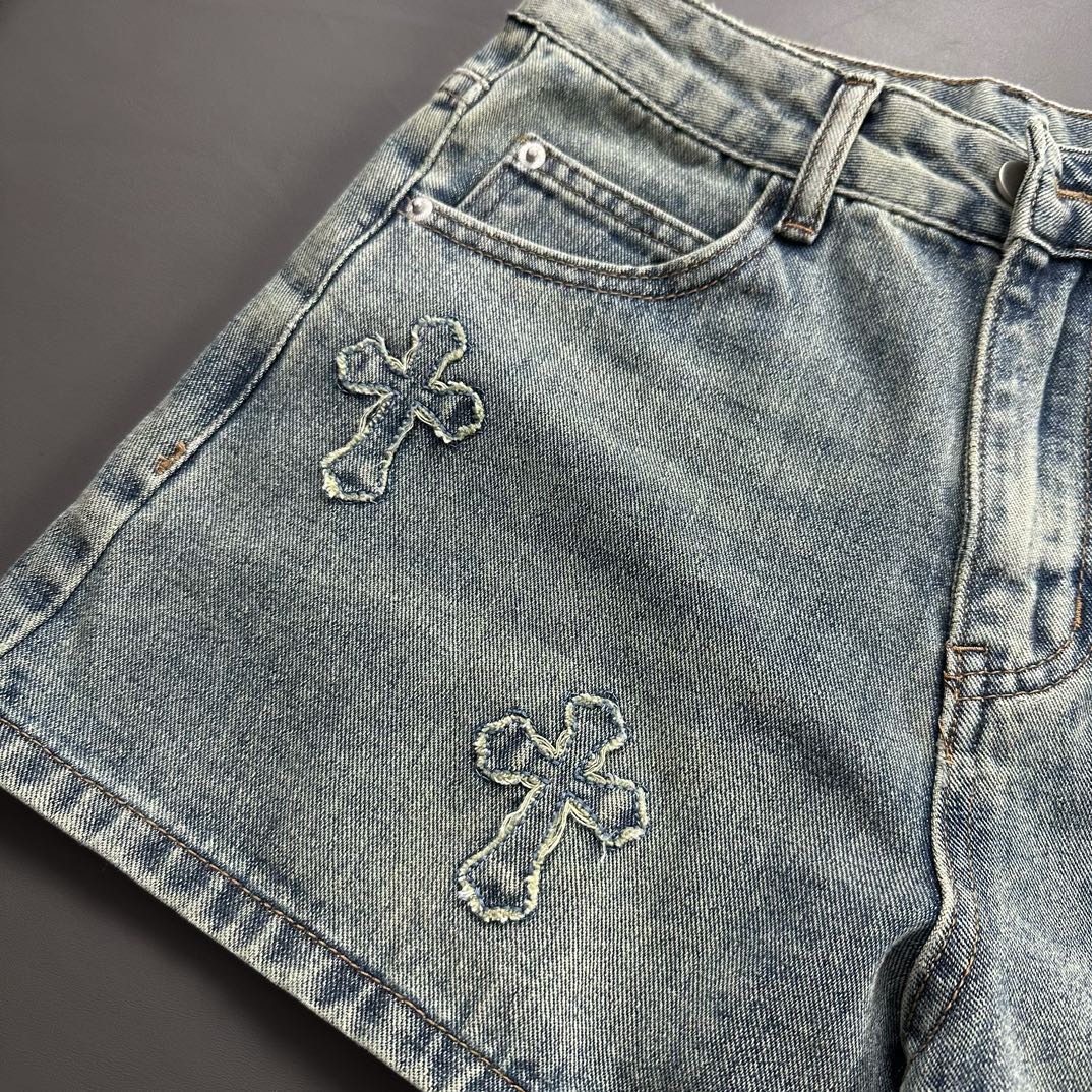 Cross patch embroidered vintage denim shorts