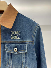 Leather trim lapel long sleeve short zip-up denim jacket