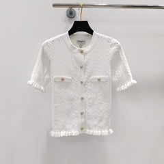 Lace splicing polo collar knitted short sleeves