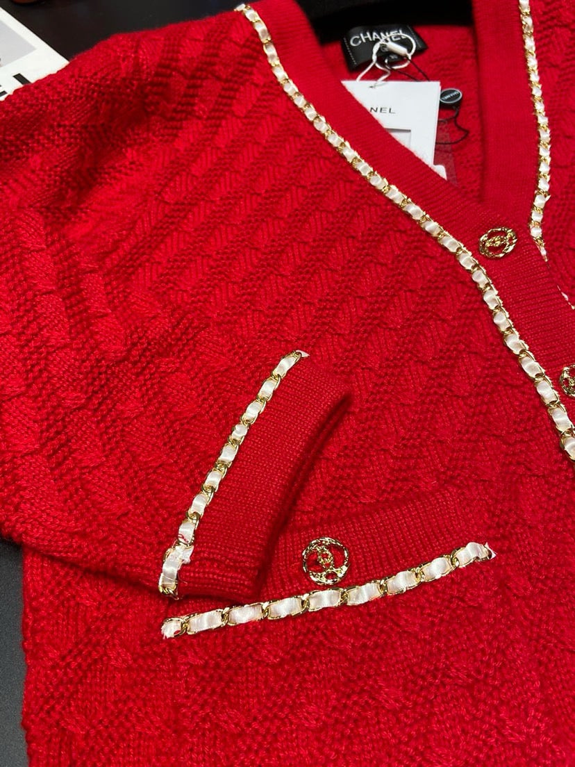 Red knitted cardigan