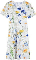 Yellow and Blue Floral Short Sleeve White Pleated Midi Dress