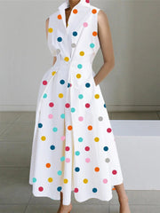 White Colorful Polka Dot Retro Sleeveless Midi Dress