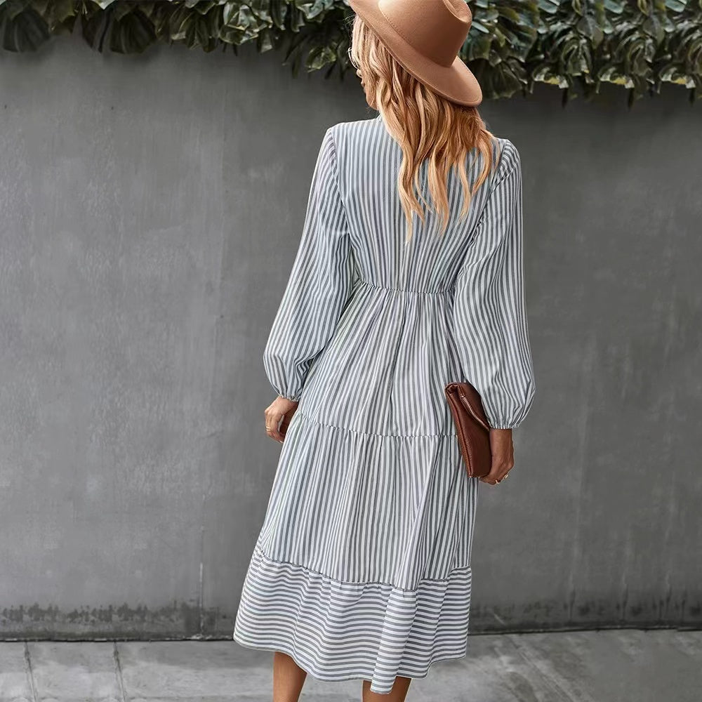 Stylish Striped Long Sleeve Midi Dress