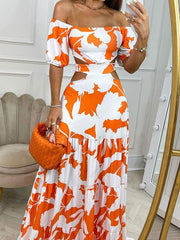 Sexy Orange Floral Print Dress