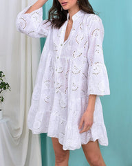V-Neck Flare Sleeve Embroidery Mini Dress